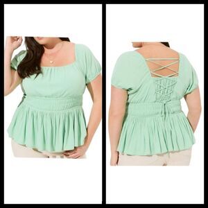 5X 28W Torrid Mint Washable Crinkle Gauze Criss Cross Back Top Stretch Lined NWT